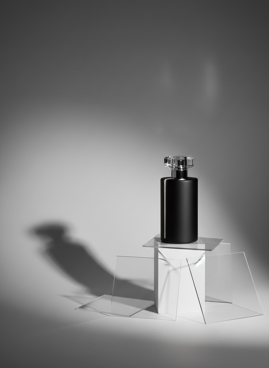 A meticulously styled product photography set on a seamless dove-gray backdrop, featuring a single matte black perfume bottle with a geometric glass cap, positioned atop a narrow white plinth. Around it, carefully placed folded translucent acrylic sheets create subtle reflections and layered shadows. A controlled beam of studio light from above and slightly behind creates a crisp highlight along the bottle’s edges, with a smooth gradient of light falling forward. The background dissolves into soft, understated bokeh. Shot at eye level with a macro-capable lens, the composition follows the rule of thirds, emphasizing negative space and precision. The mood is luxurious, minimal, and sophisticated, showcasing Rachel Ghent’s mastery of photographic design and lighting control.