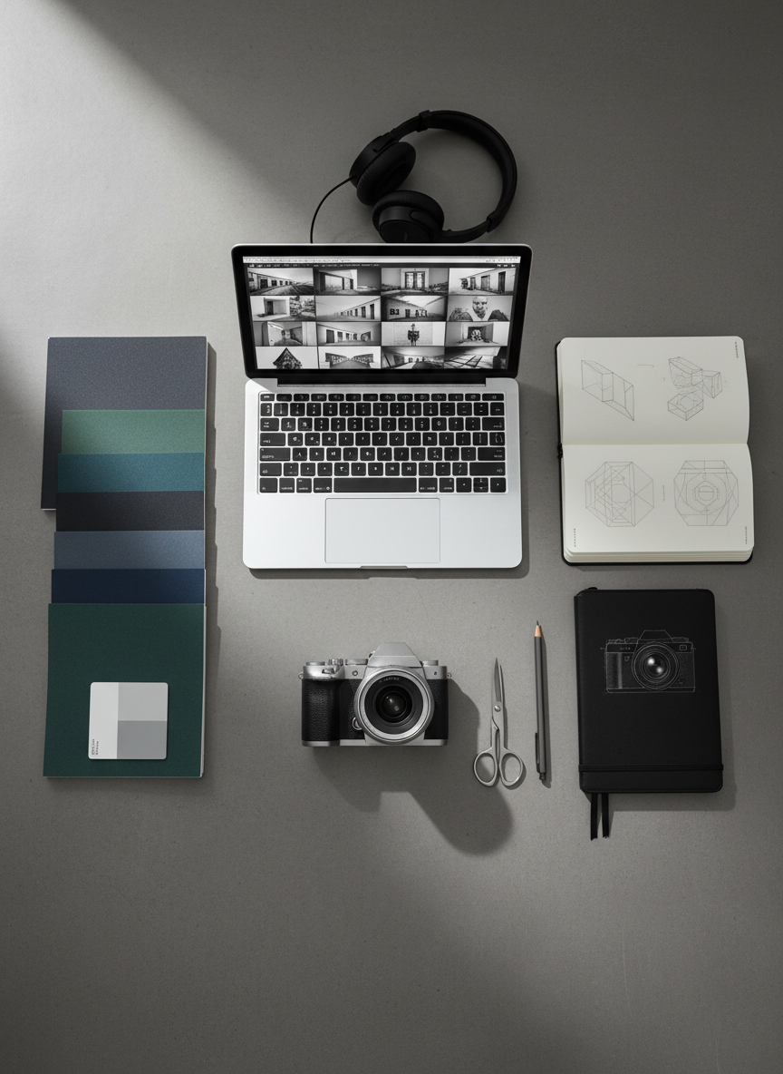 A meticulously arranged flat lay of a high-end photography and design workspace on a smooth charcoal concrete desk. At the center, a sleek mirrorless camera with a brushed metal body and a fast prime lens rests beside a slim silver laptop displaying a minimalist grid of portfolio thumbnails. Swatch books of rich paper stocks, a color calibration card, and a black leather-bound sketchbook with precise pencil sketches surround them. Soft, diffused daylight from an unseen window creates refined highlights and gentle shadows, enhancing textures. Shot from a true bird’s-eye view with sharp focus throughout, the composition feels deliberate and balanced, evoking a sophisticated, clean, photographic realism ideal for a portfolio homepage hero image.