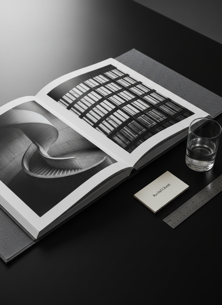 An oversized, elegantly printed photography portfolio book lies open on a matte black table, its thick, velvety pages showcasing full-bleed monochrome architectural images with razor-sharp detail. Beside it, a single minimalist white business card reads “Rachel Ghent” in understated serif typography. The table surface reflects a subtle sheen, with a glass of still water and a metal ruler aligned neatly nearby. Soft studio lighting from the left creates a controlled gradient of light across the pages, emphasizing contrast and ink texture. Captured at a slightly elevated three-quarter angle with a shallow depth of field, the focus rests on the name and print quality, creating a calm, refined, and highly professional atmosphere in photographic realism.