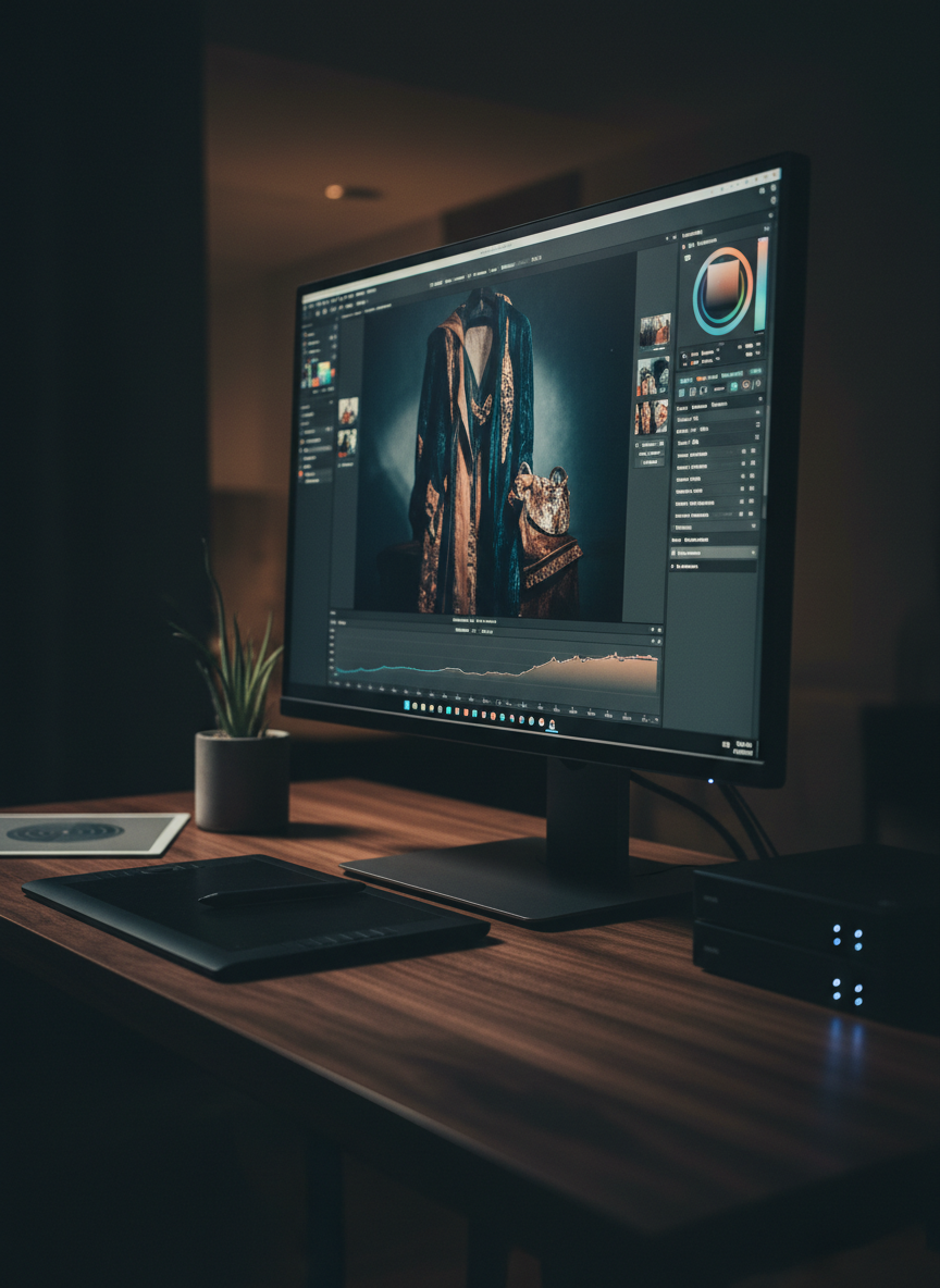 A close-up of a high-resolution monitor on a dark walnut desk, displaying a sophisticated photo editing interface with a moody fashion still life being color graded. Around the monitor, there are neatly arranged tools: a graphics tablet with stylus, a calibrated gray card, stacked external drives with subtle LED glows, and a small concrete planter with a minimal succulent. The room is lit by dim ambient light, while the screen itself casts a cool, focused glow that reflects softly on the desk’s grain. Captured from a low, side angle with a shallow depth of field, the emphasis is on the precision of digital craftsmanship. The atmosphere feels concentrated, polished, and technologically refined, rendered in realistic, contemporary photographic style.