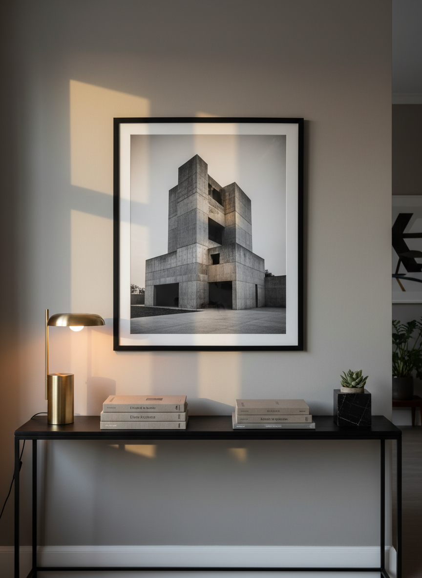A serene, meticulously composed interior scene of a design studio corner: a large framed black-and-white architectural photograph hangs above a slim black console table, where a curated arrangement of design books, a minimalist brass desk lamp, and a small cube-shaped sculpture rest. The wall is painted a soft warm gray, contrasting with the deep tone of the table. Early evening window light from the left combines with the lamp’s warm glow, creating layered, gentle shadows and subtle reflections on the picture frame glass. Captured straight-on with symmetrical framing and moderate depth of field, the image feels balanced, quiet, and extremely polished, exemplifying a sophisticated, photographic realism that reflects a discerning visual sensibility.