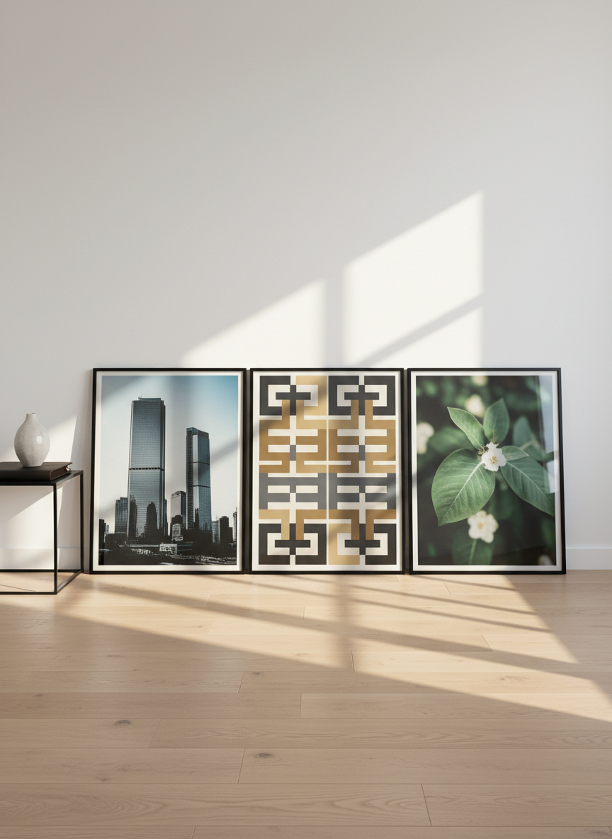 A series of large-format photographic prints and abstract design posters lean against a smooth gallery-white wall, arranged in a precise, visually balanced row on a pale oak floor. One print features a minimalist cityscape in cool tones, another a bold geometric design with muted gold and charcoal, and a third a soft-focus botanical study. A narrow black steel side table holds a closed portfolio case and a single sculptural ceramic vase. Natural afternoon light enters from the right, casting long, elegant shadows and subtle reflections on the glass frames. Shot at eye level with a wide lens and crisp focus, the scene exudes a curated, gallery-like sophistication and clean, modern photographic style suited to a design-focused portfolio.
